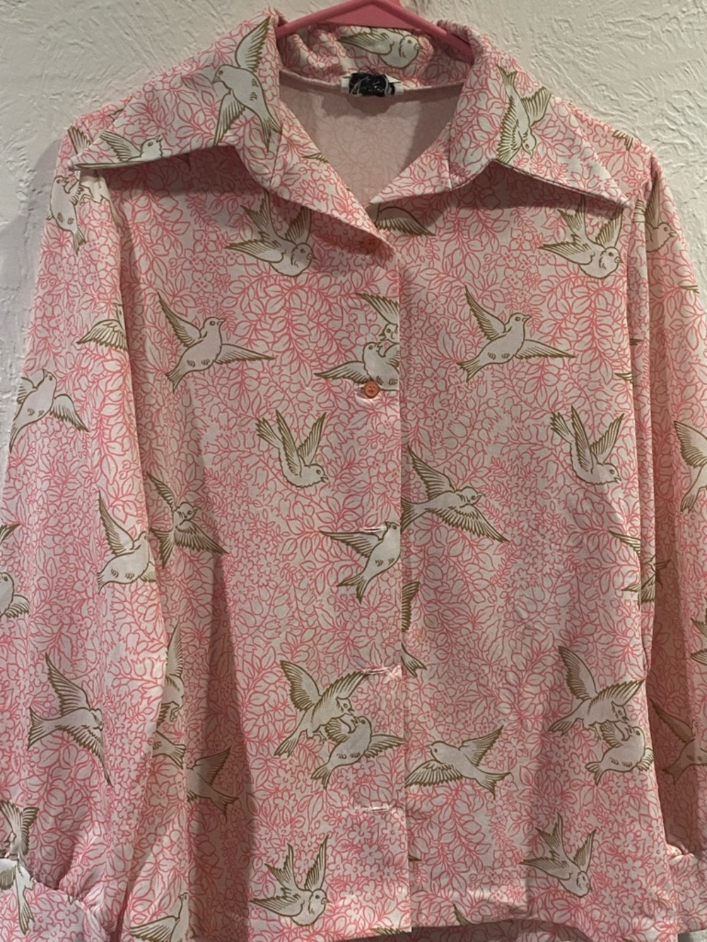 RARE Vintage Jefferson Street Light Pink Bird-Print Button Front Blouse, 8-10